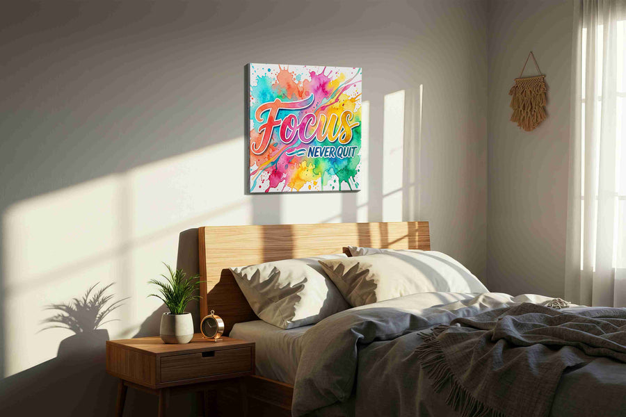 Vibrant Determination motivational canvas print, displayed in a bedroom
