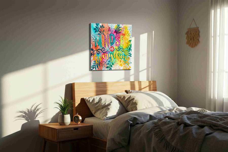 Vibrant Growth of Mindset motivational canvas print, displayed in a bedroom