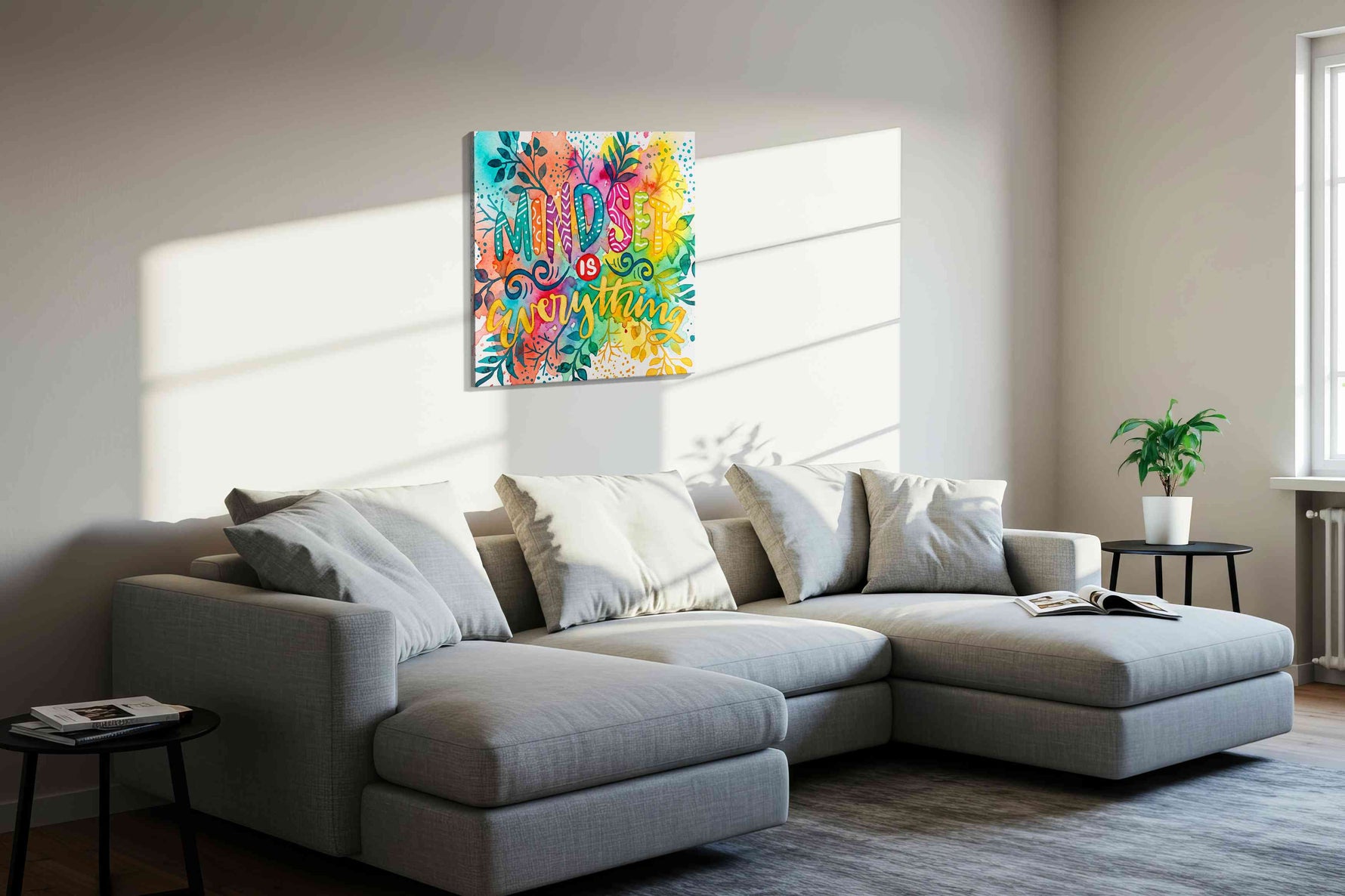 Vibrant Growth of Mindset motivational canvas print, displayed in a living room