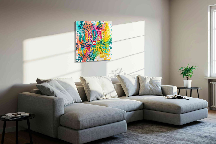 Vibrant Growth of Mindset motivational canvas print, displayed in a living room