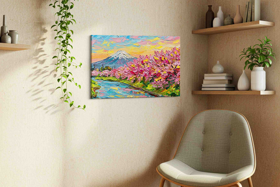 Blossoms by the Mountain spring canvas print styled in a living room