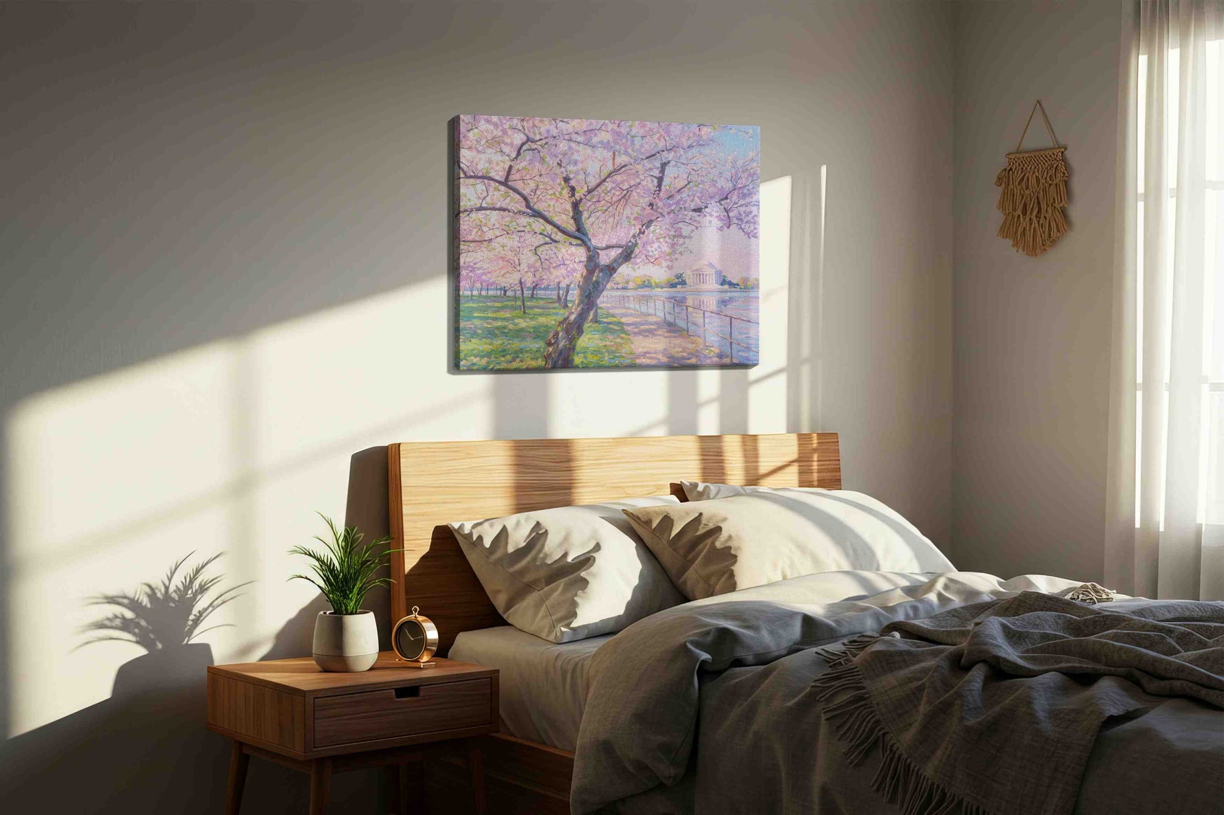 Blossoms of Tranquil Reflections spring canvas print, displayed in a bedroom
