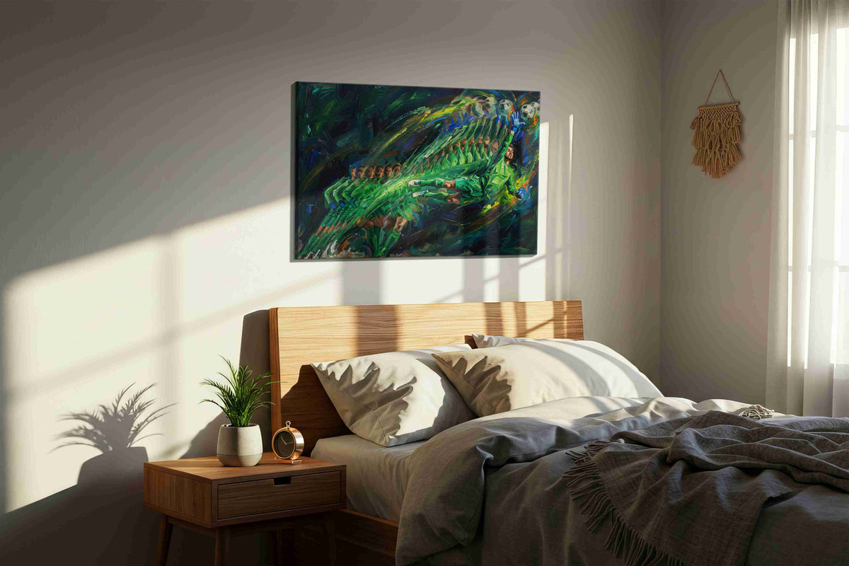 Dynamic Dive into Victory sports canvas print, displayed in a bedroom