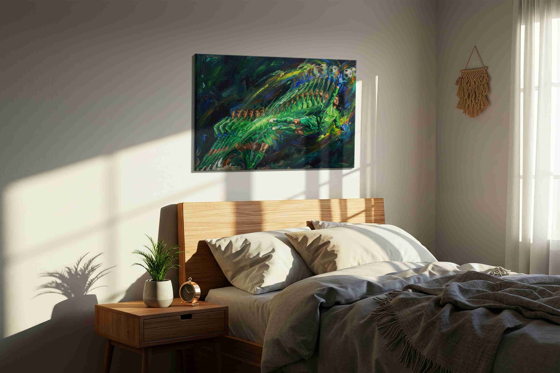 Dynamic Dive into Victory sports canvas print, displayed in a bedroom