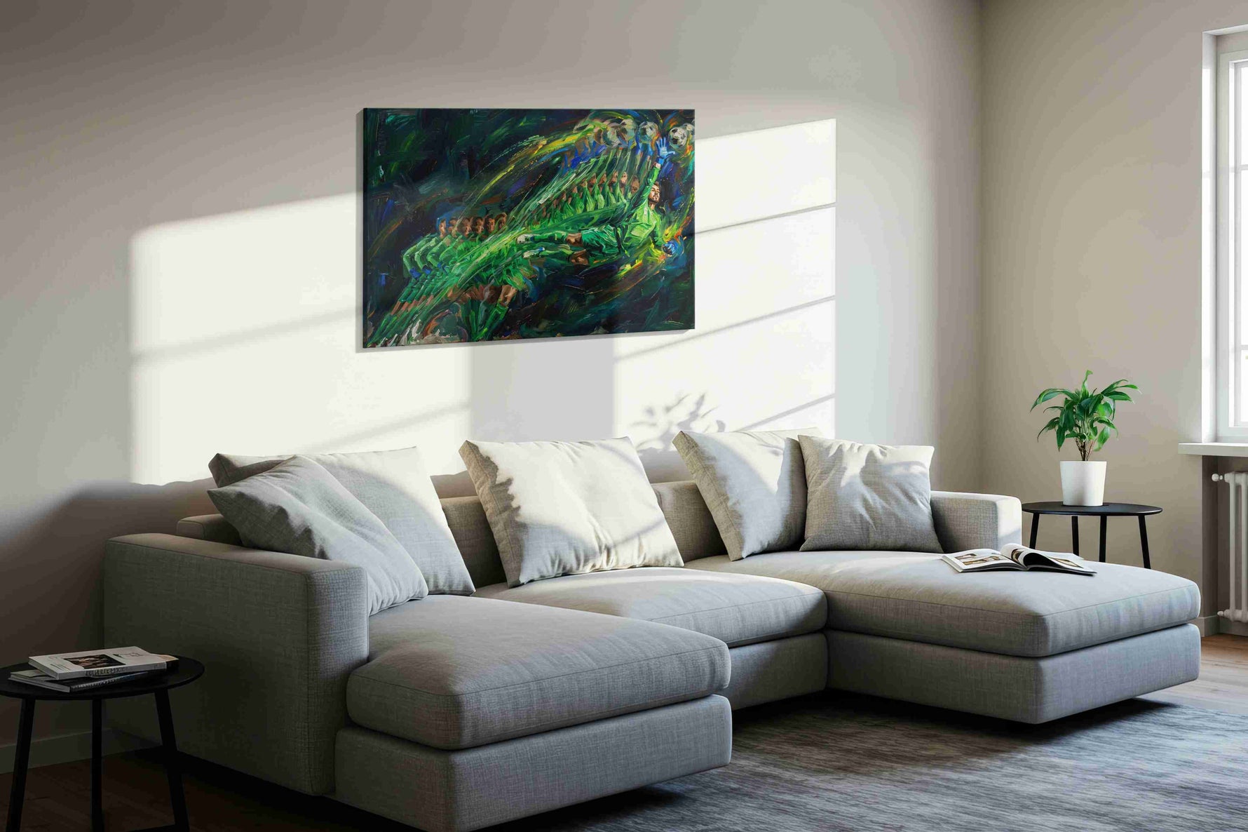 Dynamic Dive into Victory sports canvas print in a living room scene