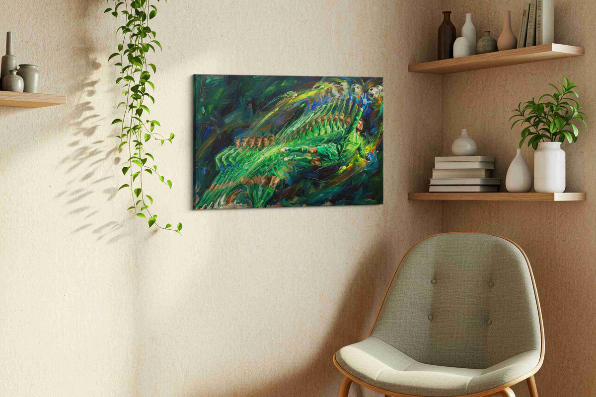 Dynamic Dive into Victory sports canvas print, displayed in a living room