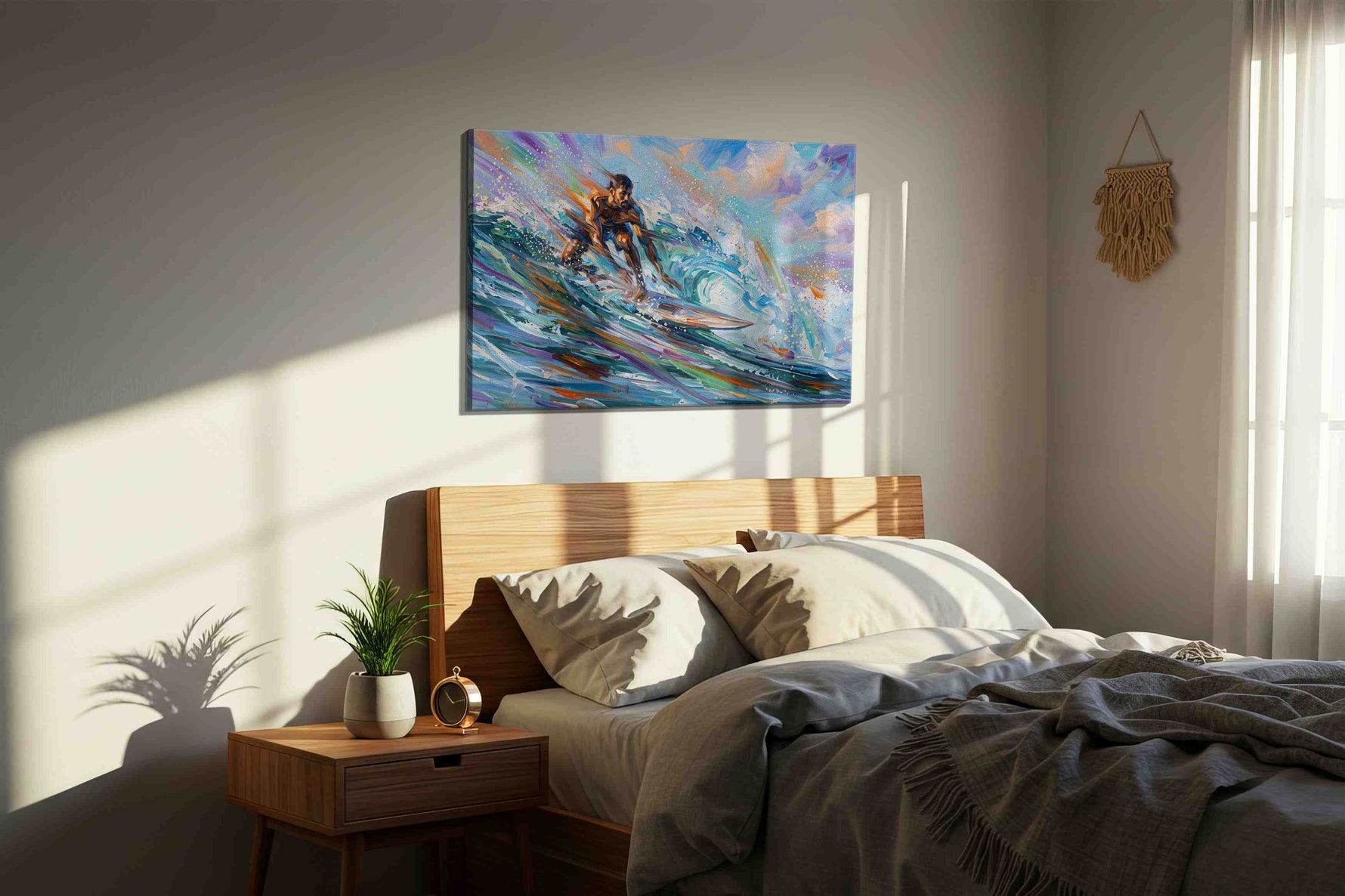 Euphoric Ocean Glide sports canvas print, displayed in a bedroom