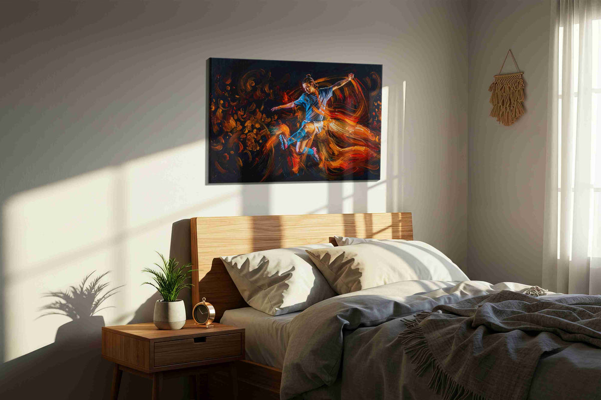Flames of the Pitch sports canvas print, displayed in a bedroom