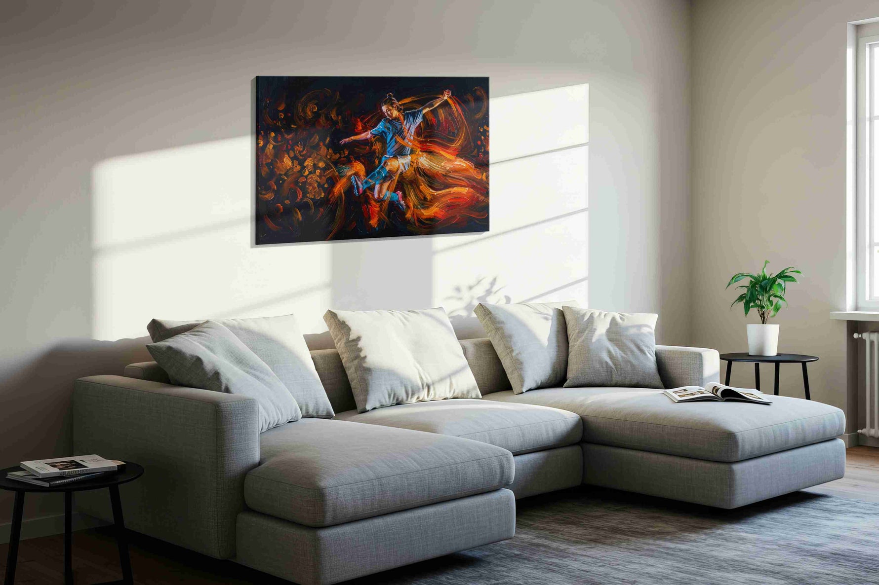 Flames of the Pitch sports canvas print, displayed in a living room