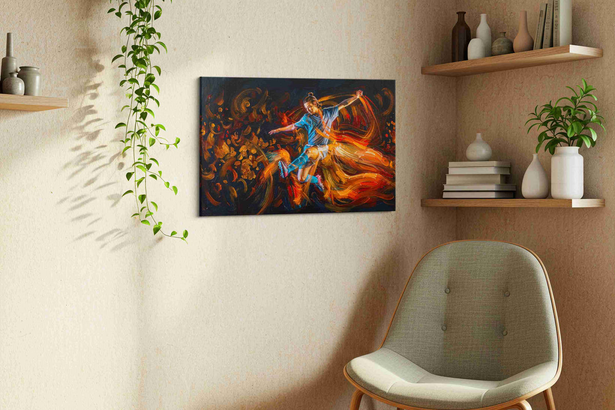 Flames of the Pitch sports canvas print in a living room scene