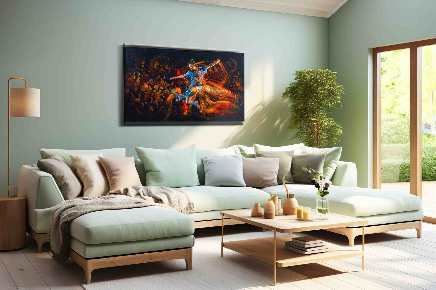 Flames of the Pitch sports canvas print, hanging on wall