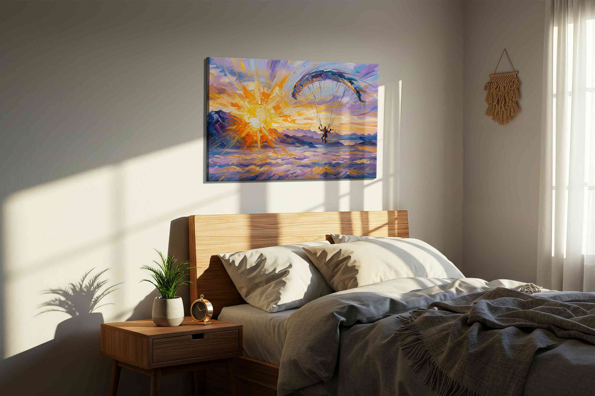 Flight into the Dawn sports canvas print, displayed in a bedroom
