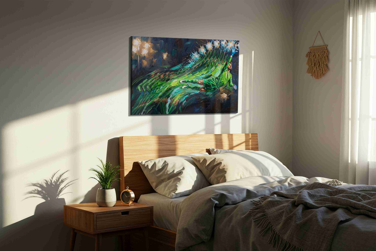 The Keeper's Leap sports canvas print, displayed in a bedroom