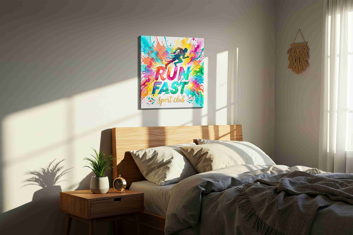 Vibrant Sprint Burst motivational canvas print, displayed in a bedroom