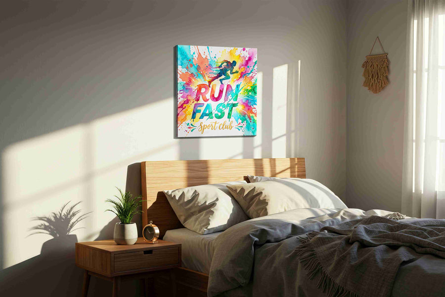 Vibrant Sprint Burst motivational canvas print, displayed in a bedroom
