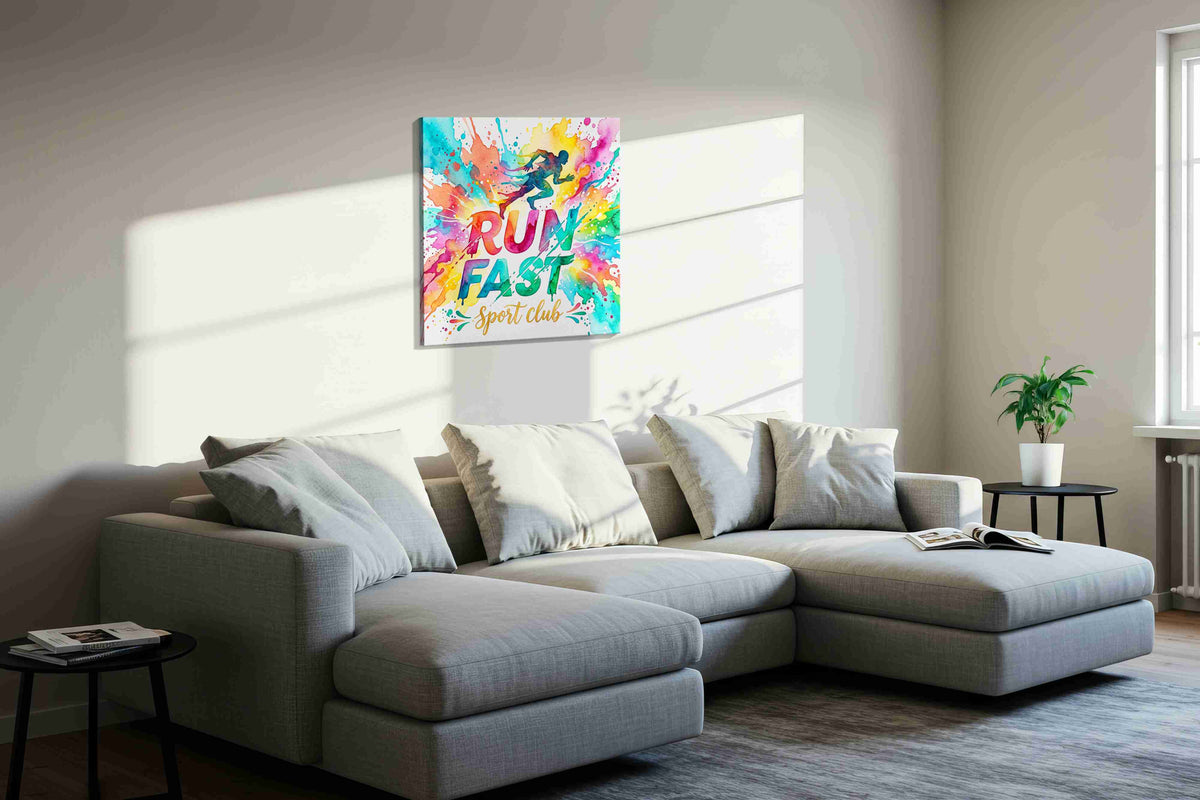 Vibrant Sprint Burst motivational canvas print in a living room scene