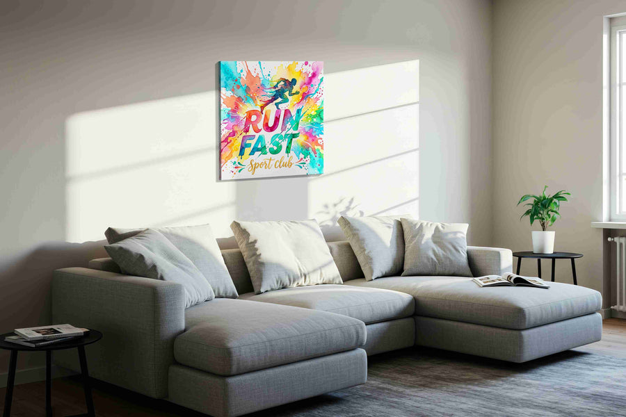 Vibrant Sprint Burst motivational canvas print in a living room scene