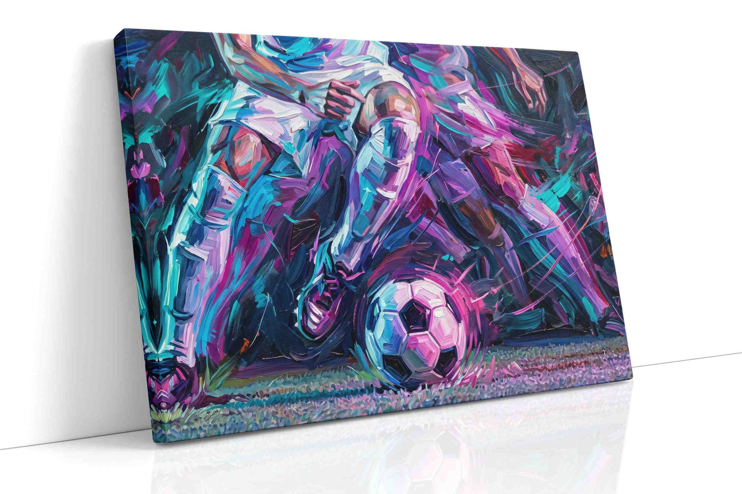 Vibrant Striker Symphony sports canvas print, gallery-wrapped, ready to hang