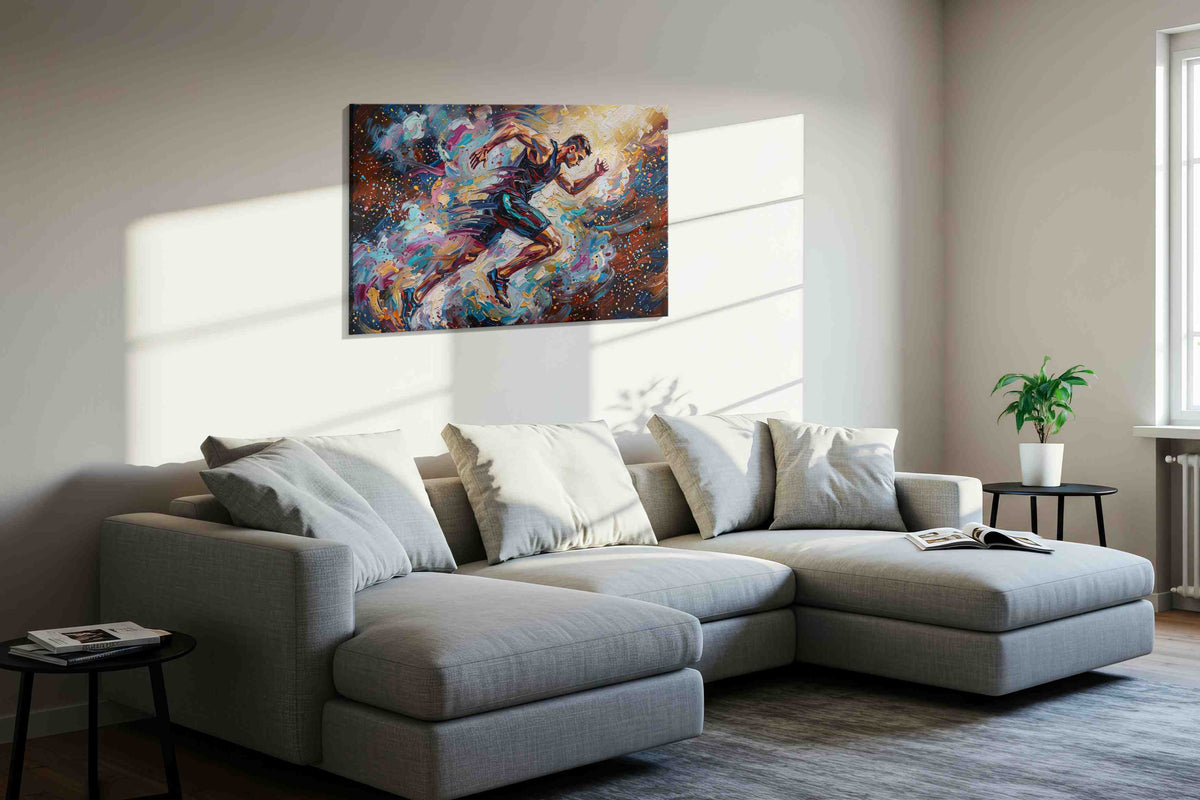 Vibrant Victory sports canvas print, displayed in a living room