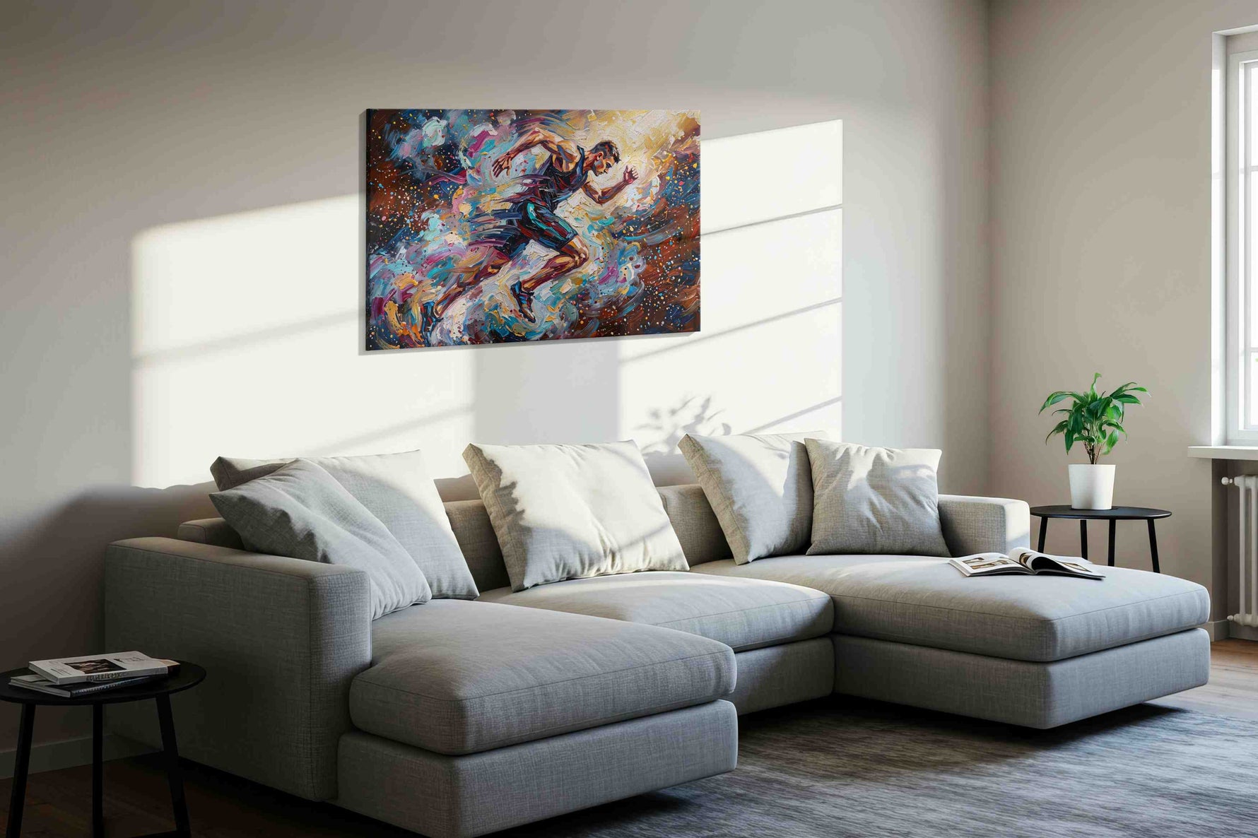 Vibrant Victory sports canvas print, displayed in a living room