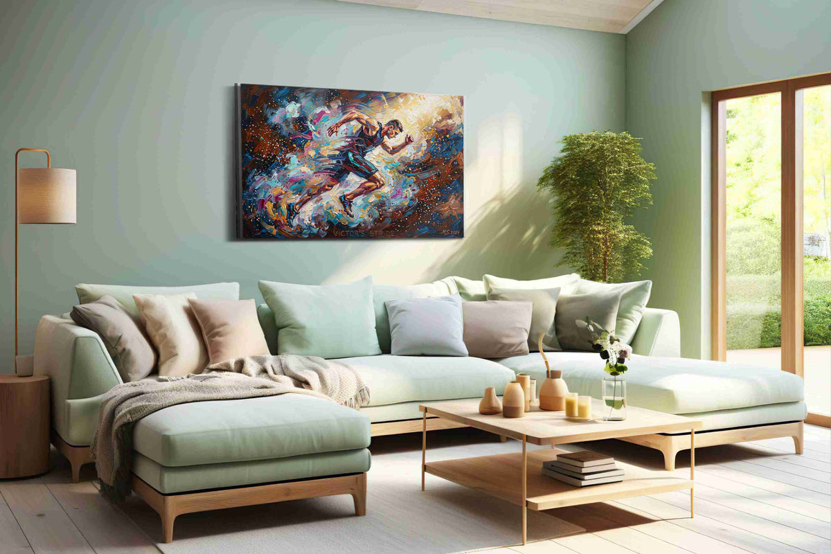 Vibrant Victory sports canvas print, hanging on wall