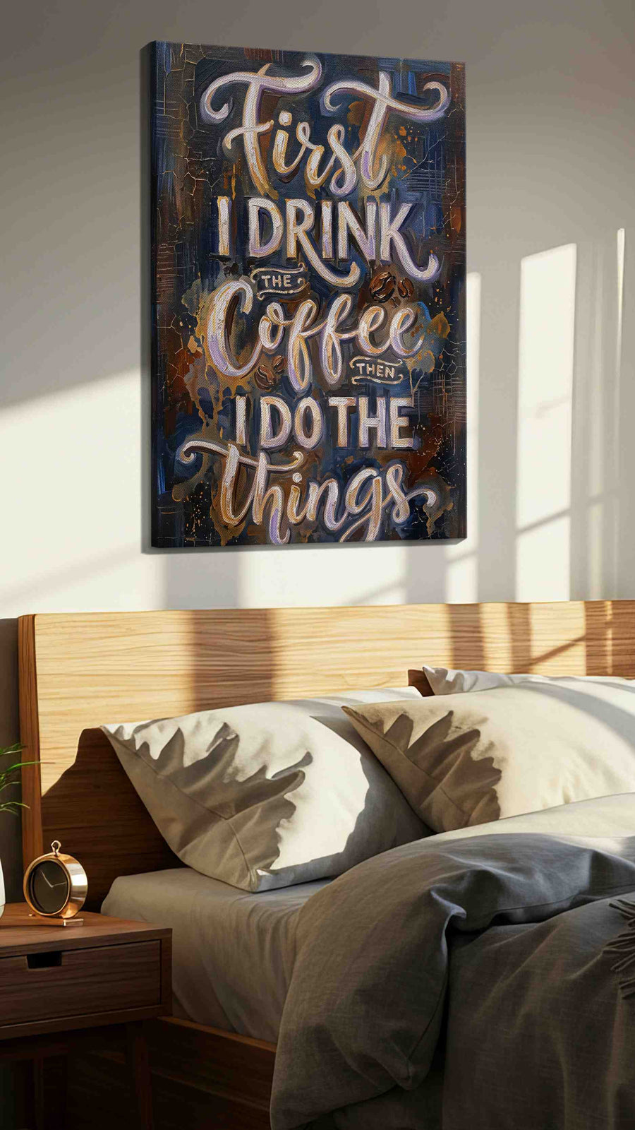 Caffeinated Momentum typography canvas print, displayed in a bedroom