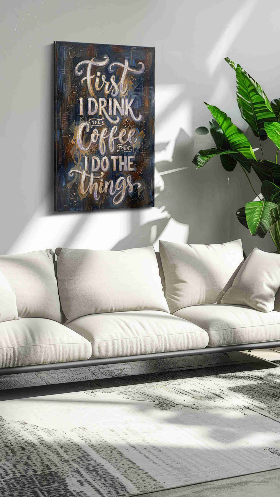 Caffeinated Momentum typography canvas print in a modern interior mockup