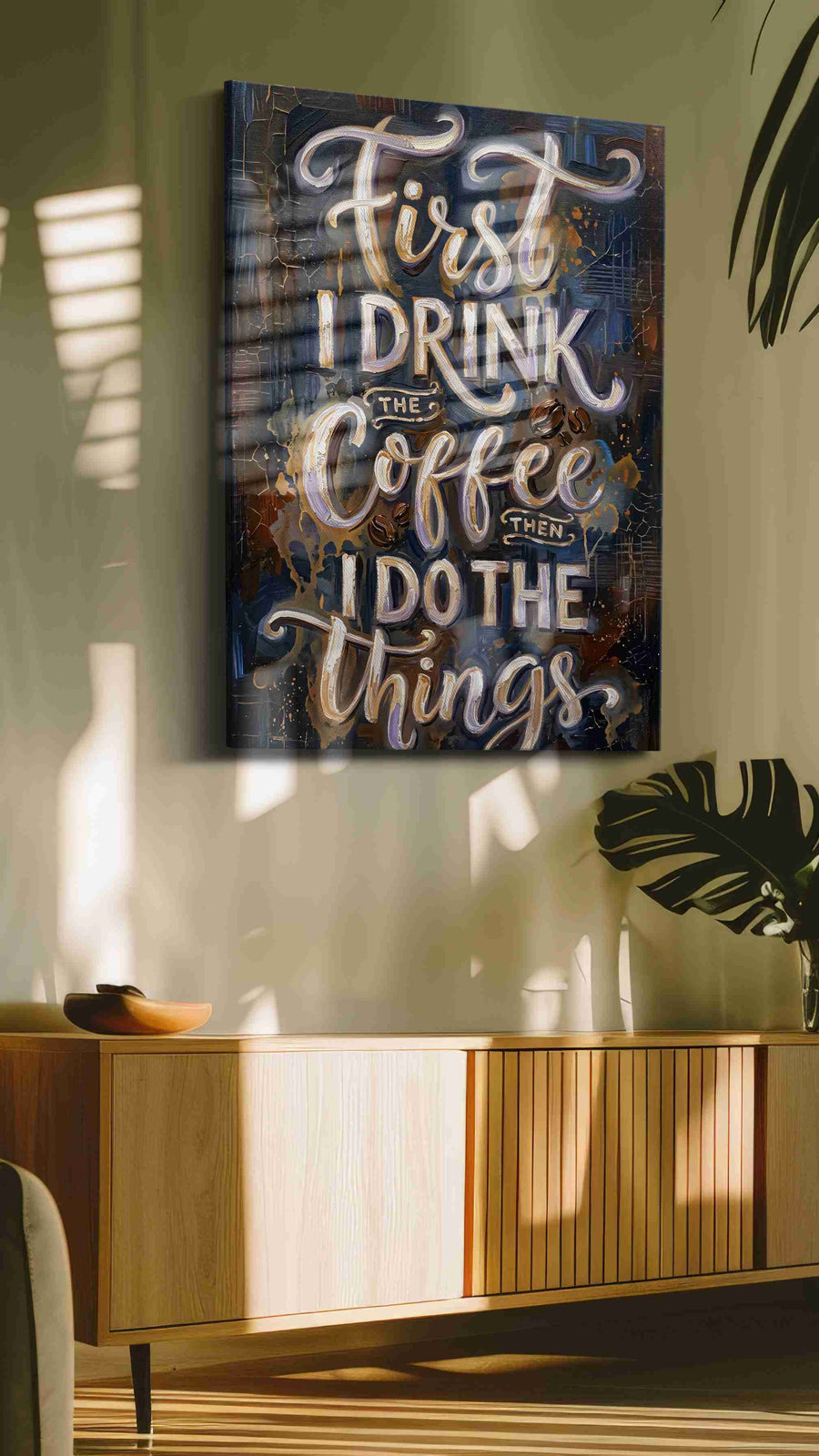 Caffeinated Momentum typography canvas print, on wall, lifestyle preview