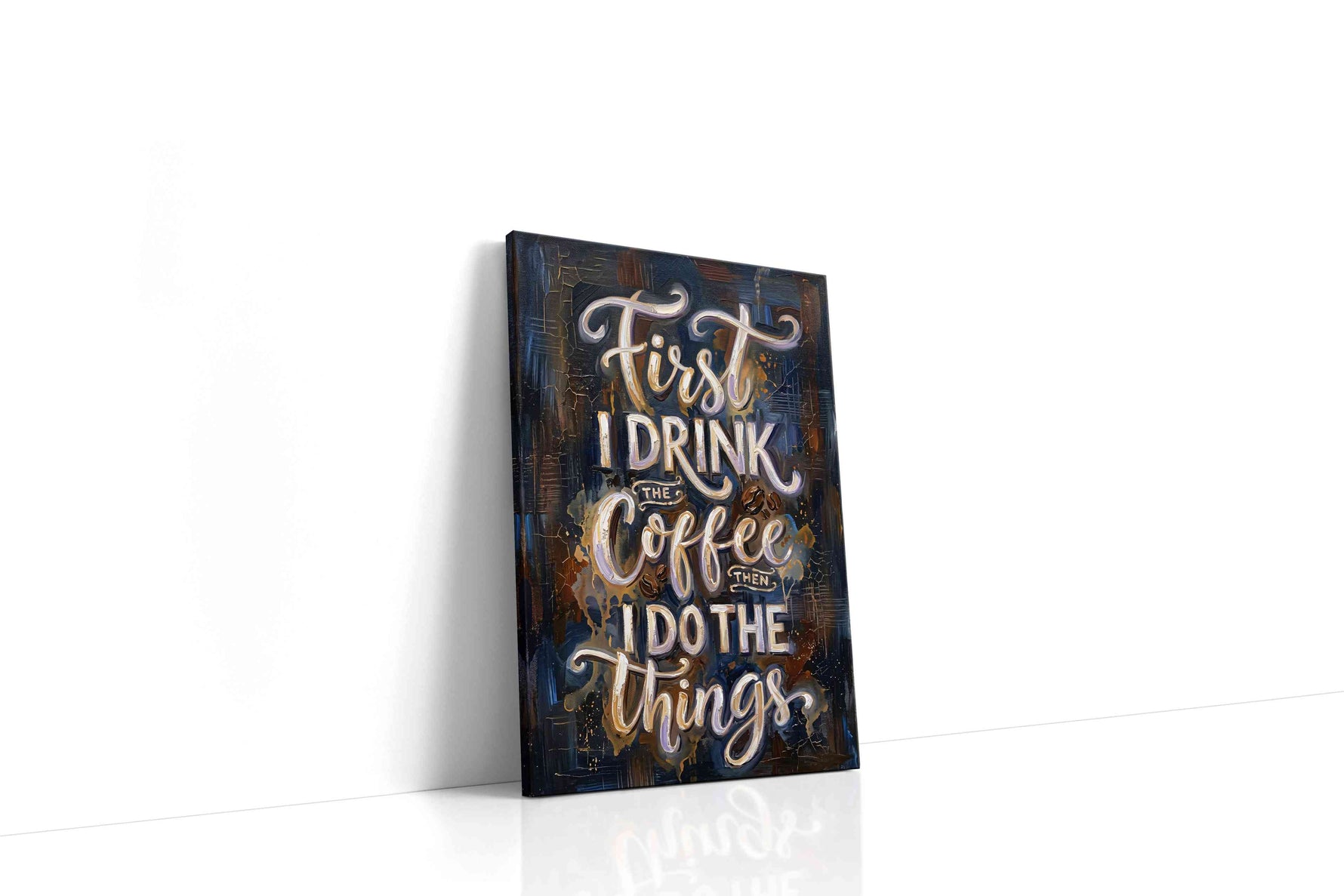 Caffeinated Momentum typography canvas print gallery-wrapped portrait canvas studio shot