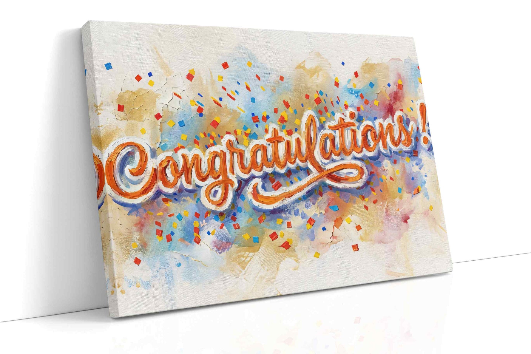 Celebratory Confetti Burst typography canvas print, gallery-wrapped, ready to hang