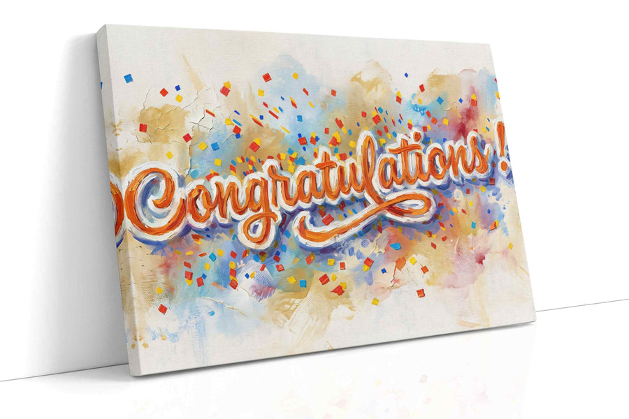 Celebratory Confetti Burst typography canvas print, gallery-wrapped, ready to hang