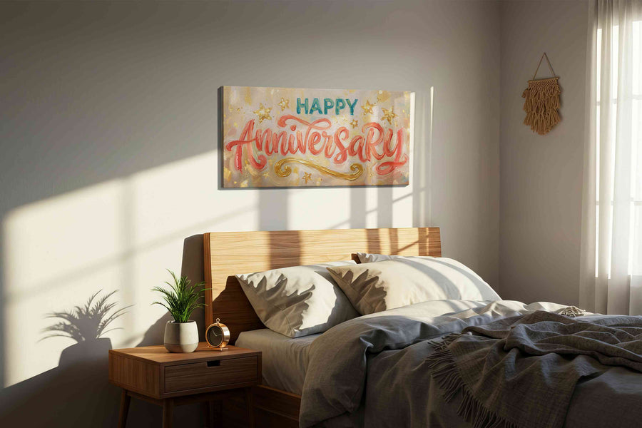 Celebratory Whirlwind typography canvas print, displayed in a bedroom