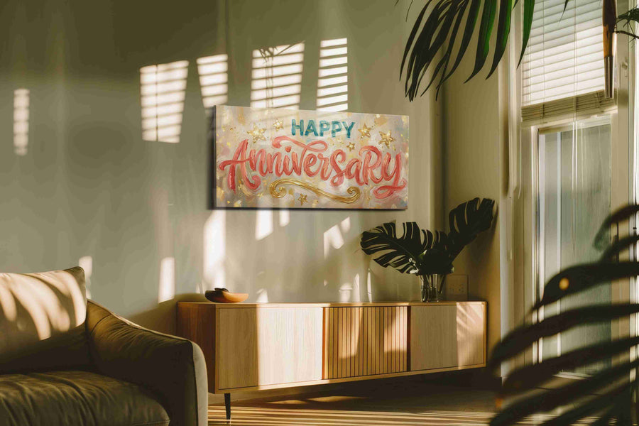 Celebratory Whirlwind typography canvas print in a contemporary interior mockup