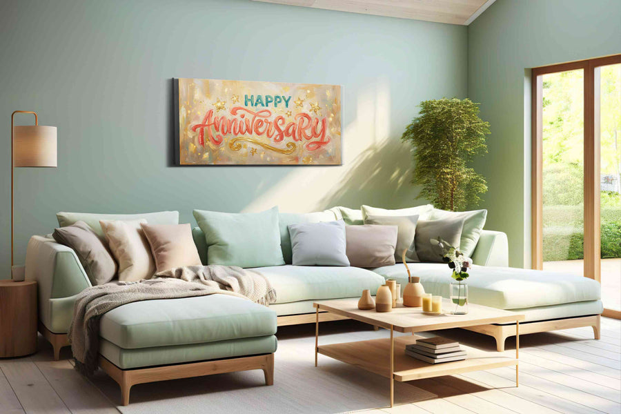 Celebratory Whirlwind typography canvas print, hanging on wall