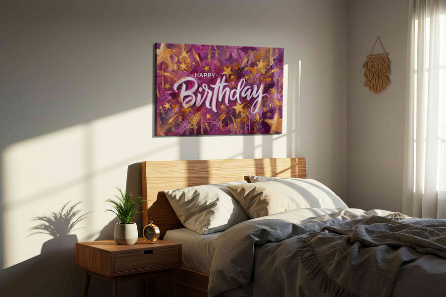 Celestial Birthday Celebration typography canvas print, displayed in a bedroom