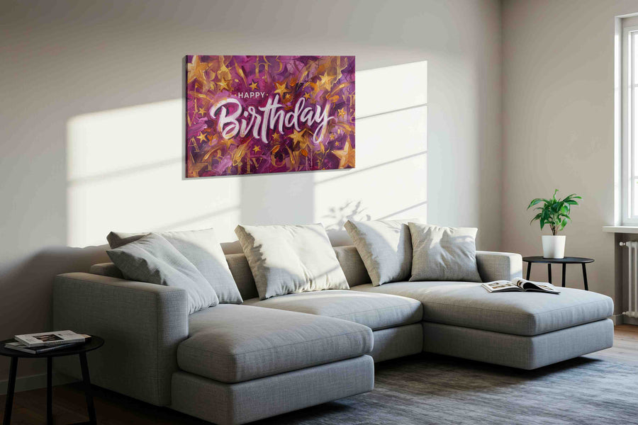 Celestial Birthday Celebration typography canvas print, displayed in a living room