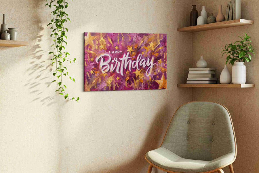 Celestial Birthday Celebration typography canvas print, hanging on wall — view 2