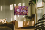 Celestial Birthday Celebration typography canvas print in a hung canvas mockup