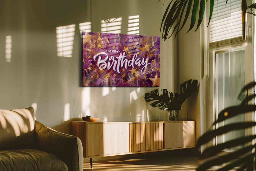 Celestial Birthday Celebration typography canvas print in a hung canvas mockup