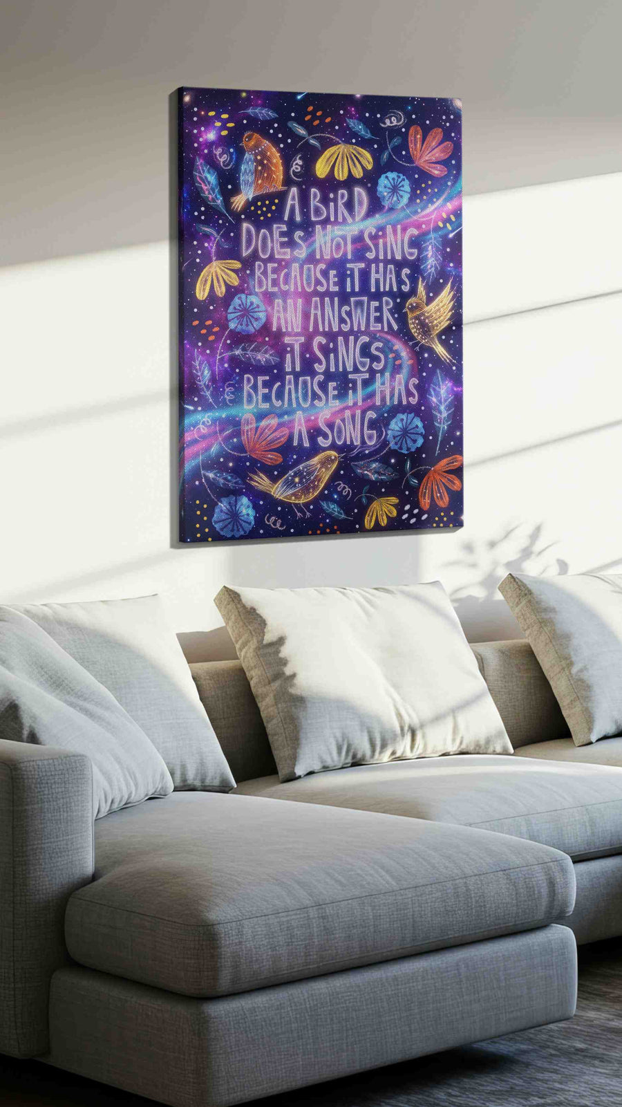 Celestial Melody of the Cosmos motivational canvas print, displayed in a living room