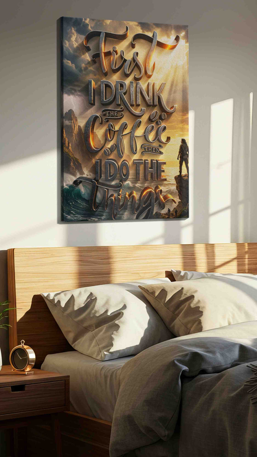 Coffee and Adventure motivational canvas print, displayed in a bedroom