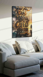 Coffee and Adventure motivational canvas print, displayed in a living room