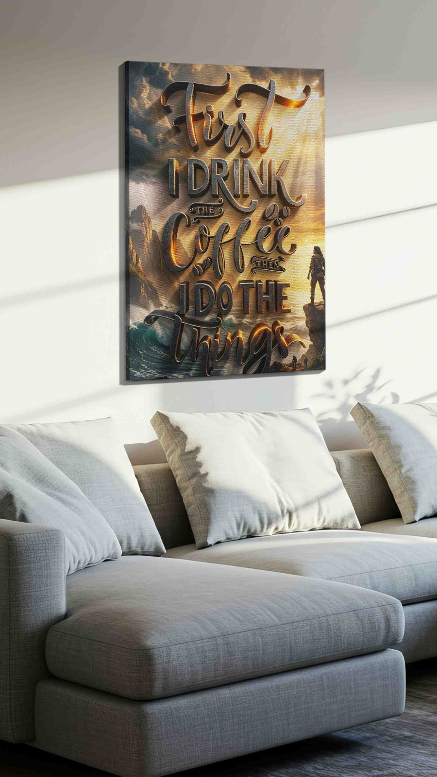 Coffee and Adventure motivational canvas print, displayed in a living room