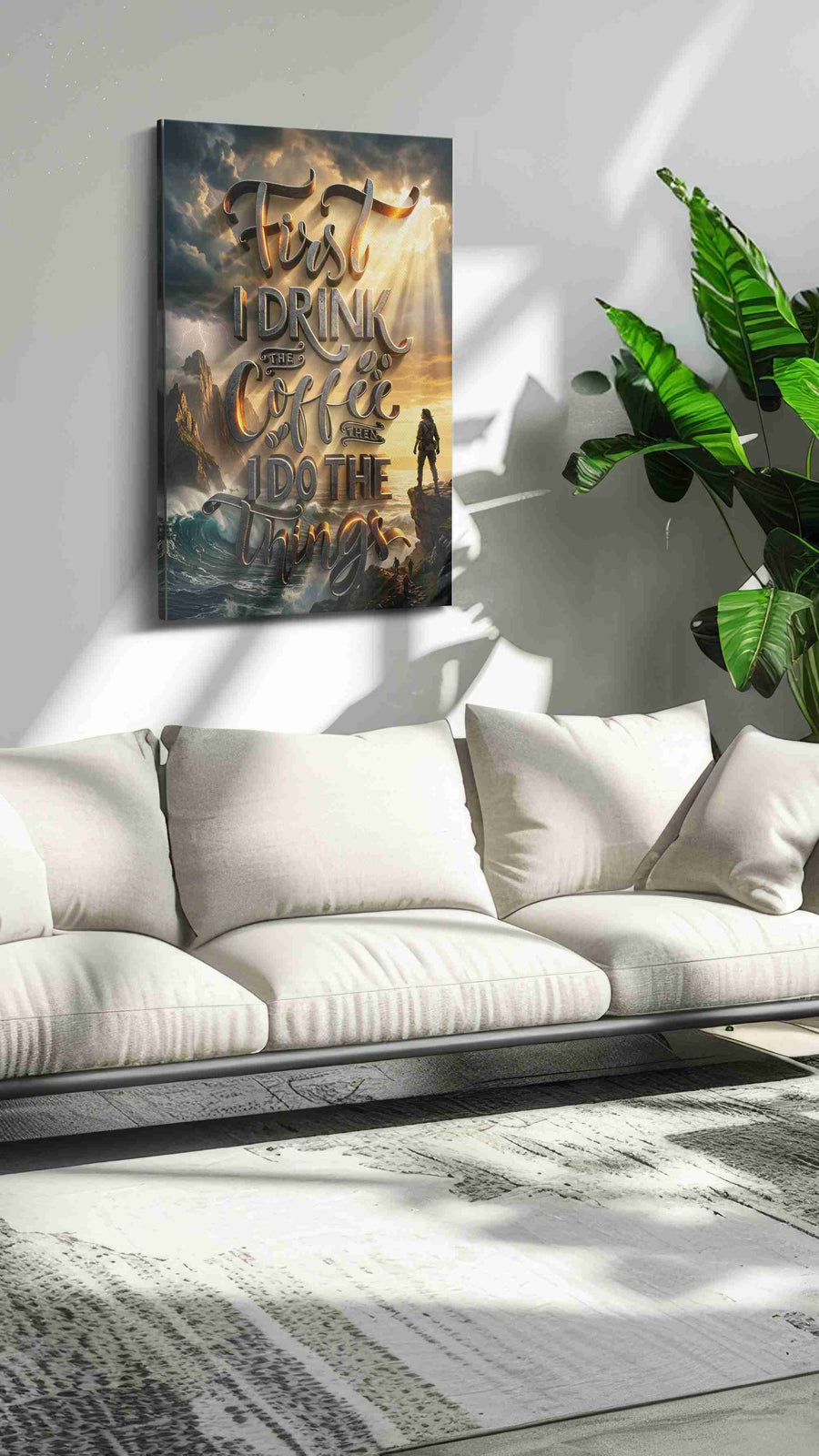 Coffee and Adventure motivational canvas print, on wall, lifestyle preview