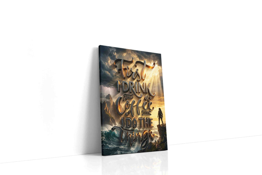 Coffee and Adventure motivational canvas print gallery-wrapped portrait canvas studio shot