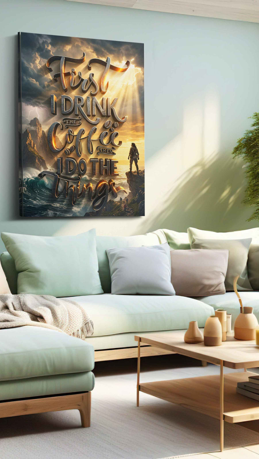 Coffee and Adventure motivational canvas print, hanging on wall
