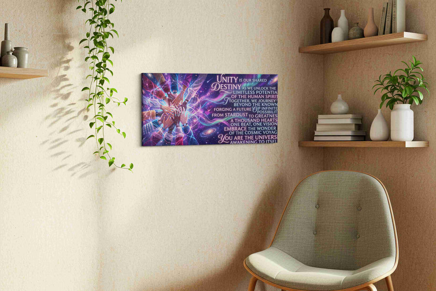 Cosmic Unity motivational canvas print in a living room scene