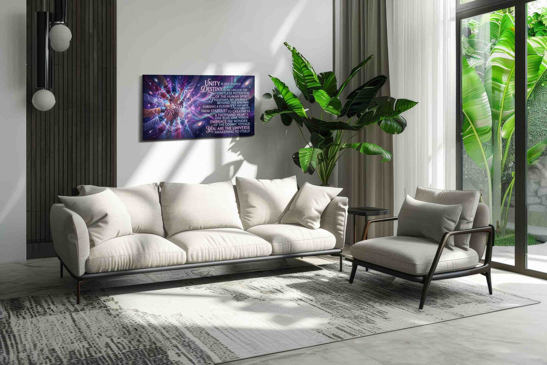 Cosmic Unity motivational canvas print in a modern interior mockup
