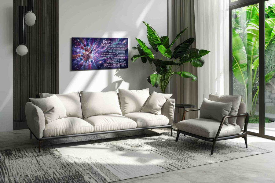 Cosmic Unity motivational canvas print in a modern interior mockup