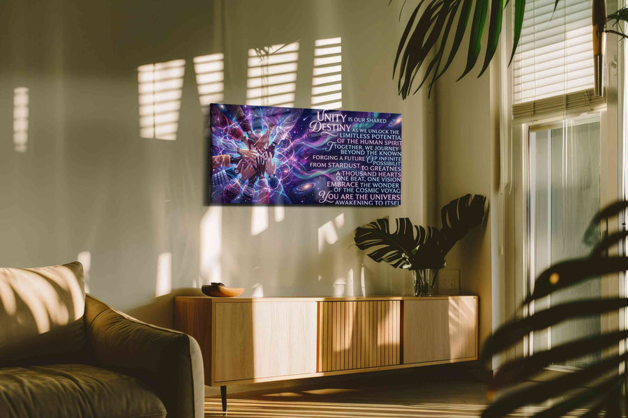 Cosmic Unity motivational canvas print, on wall, lifestyle preview